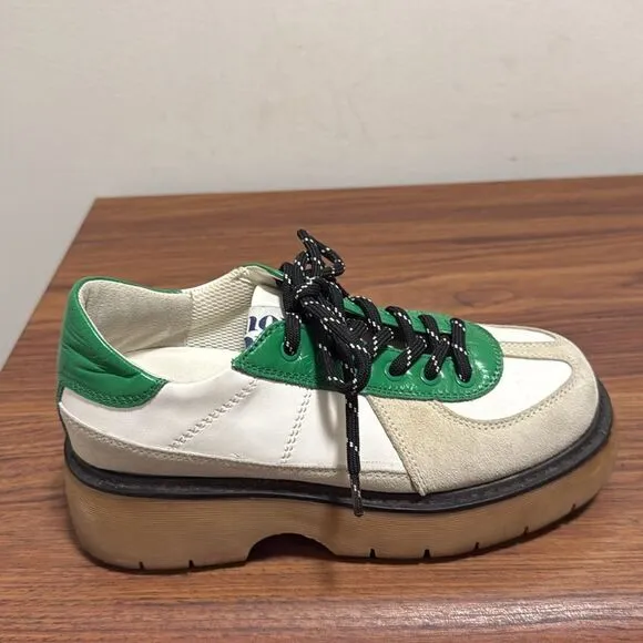 Lucky Chouette Suede &amp; Leather Chunky Oxford Woman’s Sneaker. Tan /White/Green.