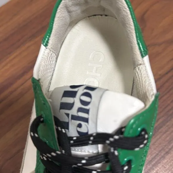 Lucky Chouette Suede &amp; Leather Chunky Oxford Woman’s Sneaker. Tan /White/Green.