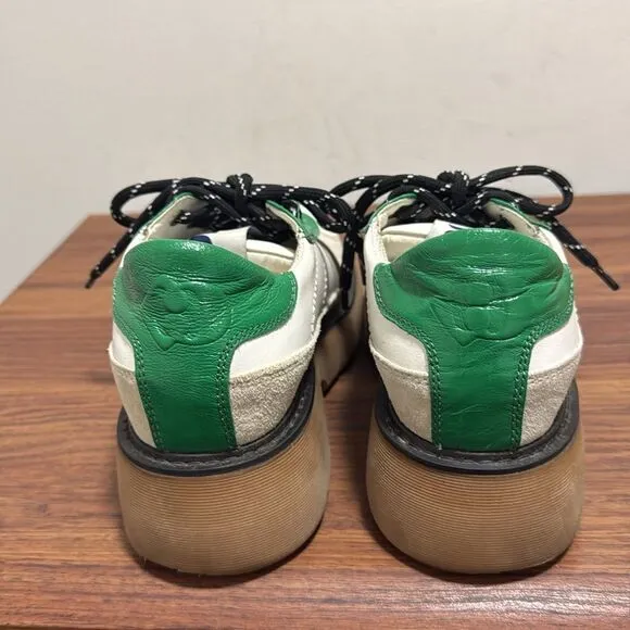Lucky Chouette Suede &amp; Leather Chunky Oxford Woman’s Sneaker. Tan /White/Green.