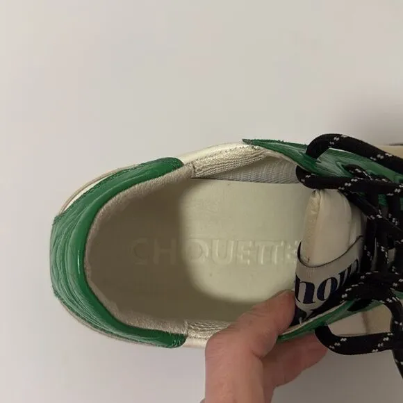 Lucky Chouette Suede &amp; Leather Chunky Oxford Woman’s Sneaker. Tan /White/Green.