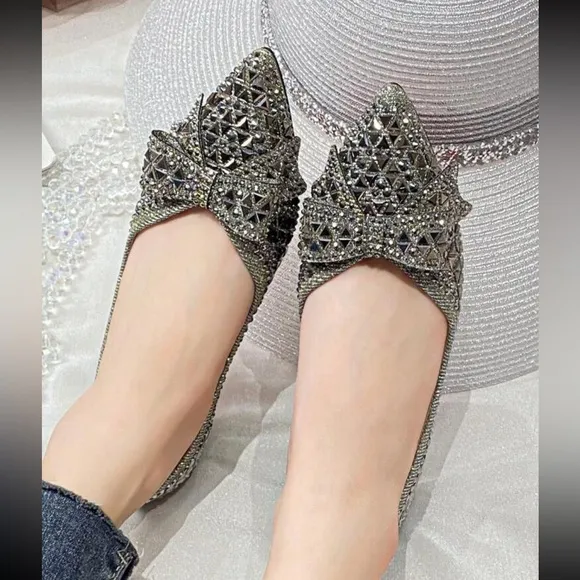 Luxe rhinestone bow flats loafers