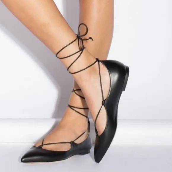 M. Gemi Black Suede Leather Lace Up Pointed Toe Brezza Flats 37