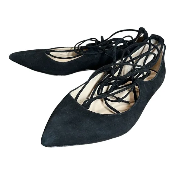 M. Gemi Black Suede Leather Lace Up Pointed Toe Brezza Flats 37