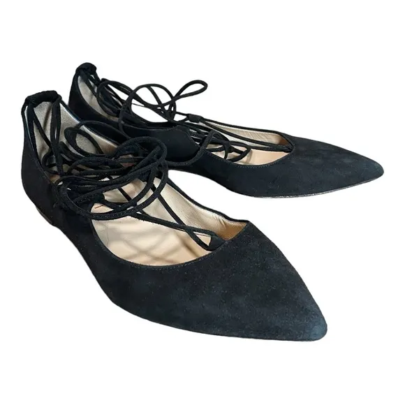 M. Gemi Black Suede Leather Lace Up Pointed Toe Brezza Flats 37