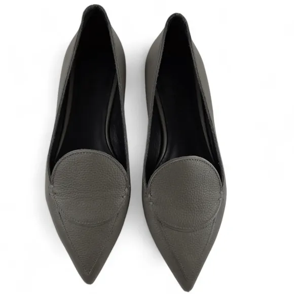 M. GEMI Sleek Pebble Leather Point Toe Gray Flats Slip On Loafers Italy 37EU, 7