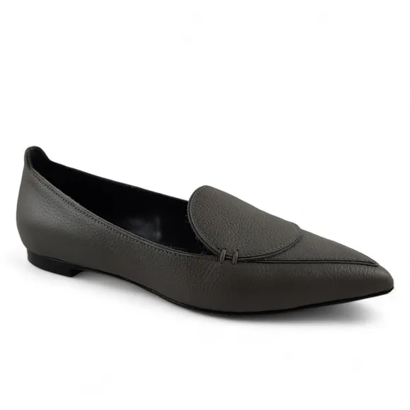 M. GEMI Sleek Pebble Leather Point Toe Gray Flats Slip On Loafers Italy 37EU, 7