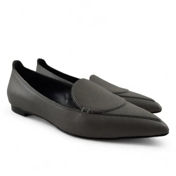 M. GEMI Sleek Pebble Leather Point Toe Gray Flats Slip On Loafers Italy 37EU, 7