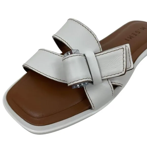 M. Gemi The Melissa Bow Calf Leather Flat Sandals White Size 36.5