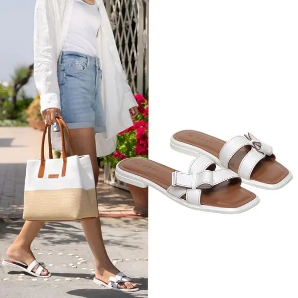 M. Gemi The Melissa Bow Calf Leather Flat Sandals White Size 36.5