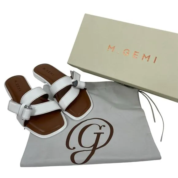 M. Gemi The Melissa Bow Calf Leather Flat Sandals White Size 36.5