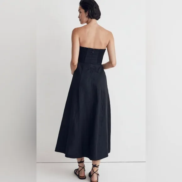 Madewell 100% Linen Cutout Strapless Black Midi Dress size 8 NWT