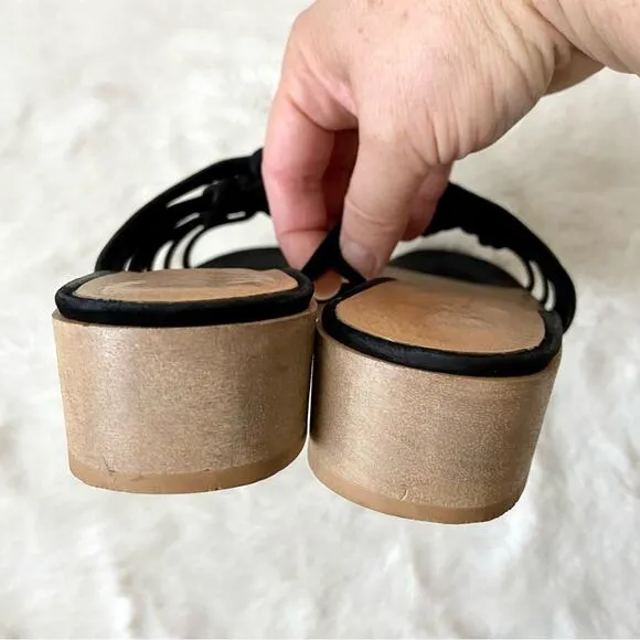 Madewell Black Leather Strappy Knot Sandals Wood Heel Size 8