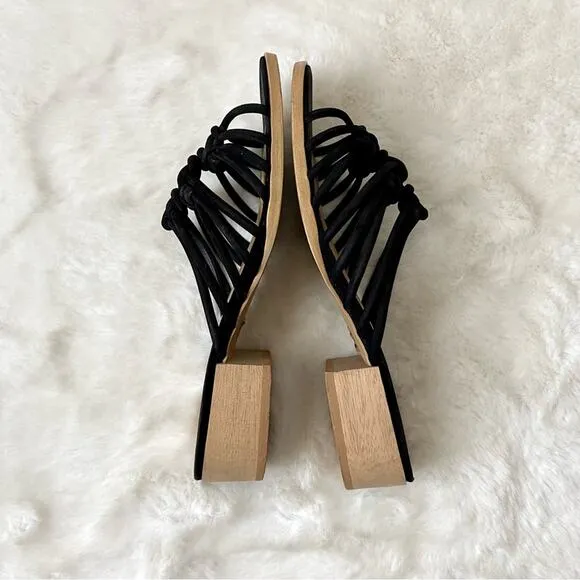 Madewell Black Leather Strappy Knot Sandals Wood Heel Size 8