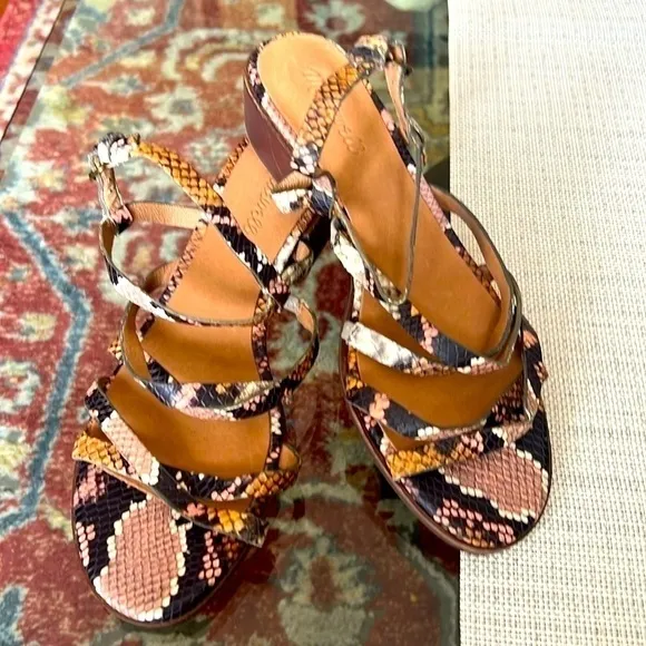 Madewell Edie Strappy Sandals Snake Skin Heels,1.5 height, size 9