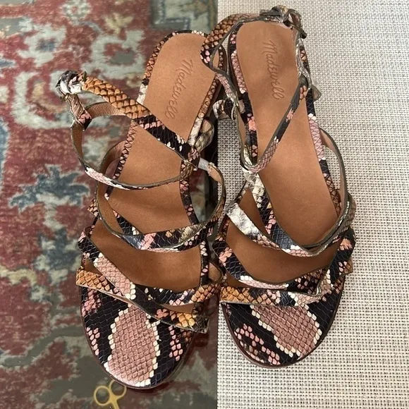 Madewell Edie Strappy Sandals Snake Skin Heels,1.5 height, size 9