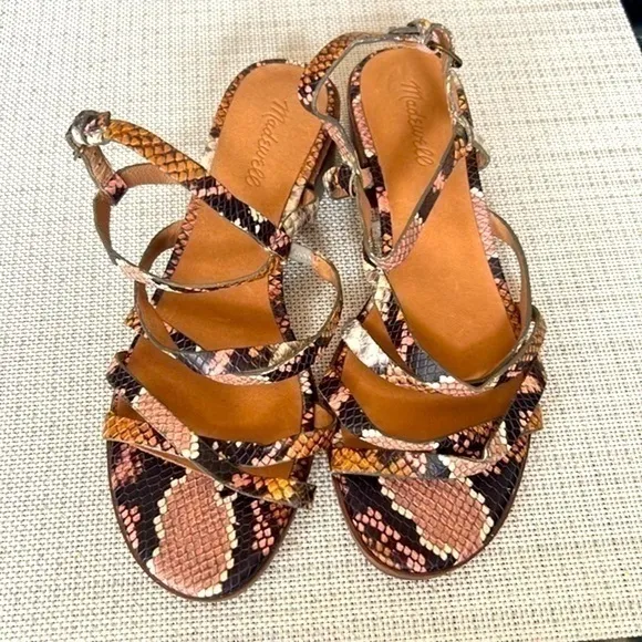 Madewell Edie Strappy Sandals Snake Skin Heels,1.5 height, size 9