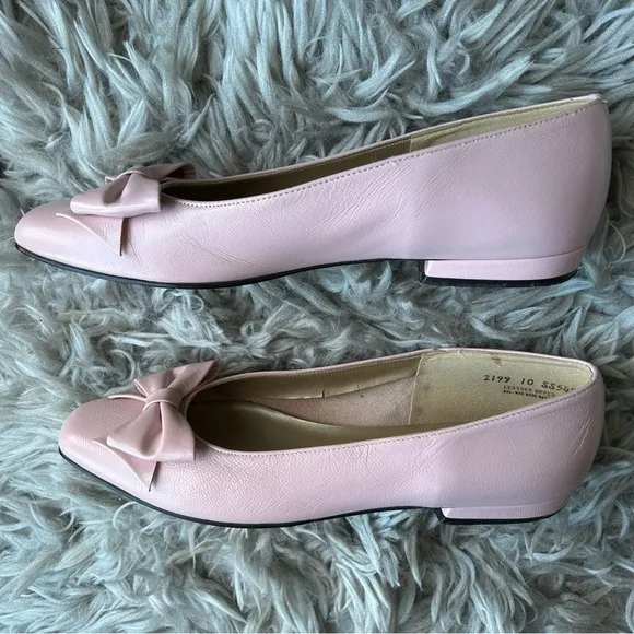 Magdesians vintage coquette pink bow leather ballet flats women’s shoe size 10