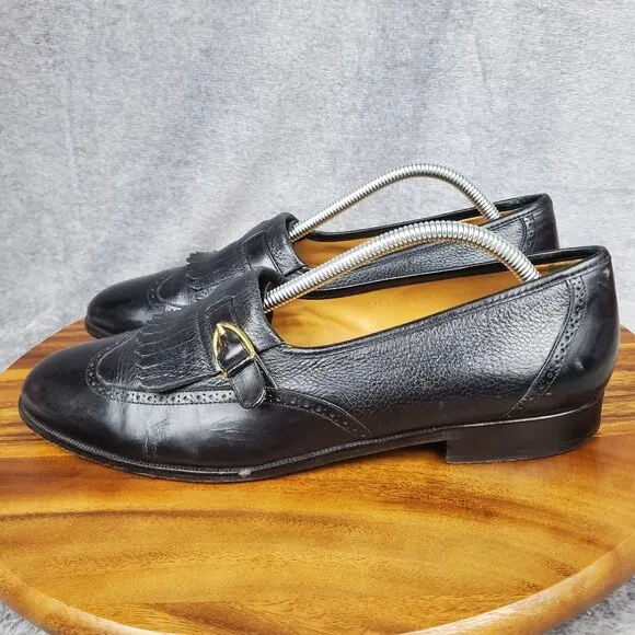 Magnanni Loafers Men's 10.5 M Black Leather Slip On Kiltie Buckle Dress Shoes