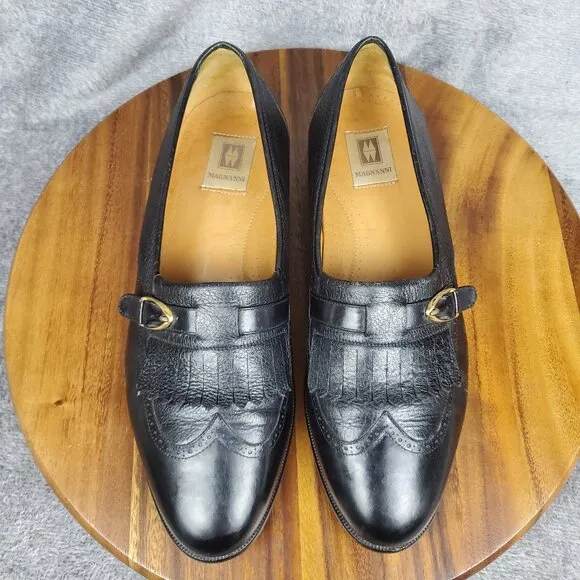 Magnanni Loafers Men's 10.5 M Black Leather Slip On Kiltie Buckle Dress Shoes