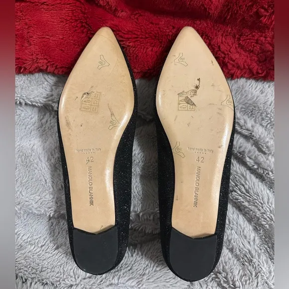 Manolo Blahnik Hangisi Flats Size 42 Black Glitter Jewels Ballet Italy