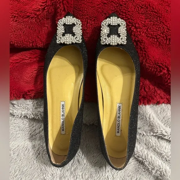Manolo Blahnik Hangisi Flats Size 42 Black Glitter Jewels Ballet Italy