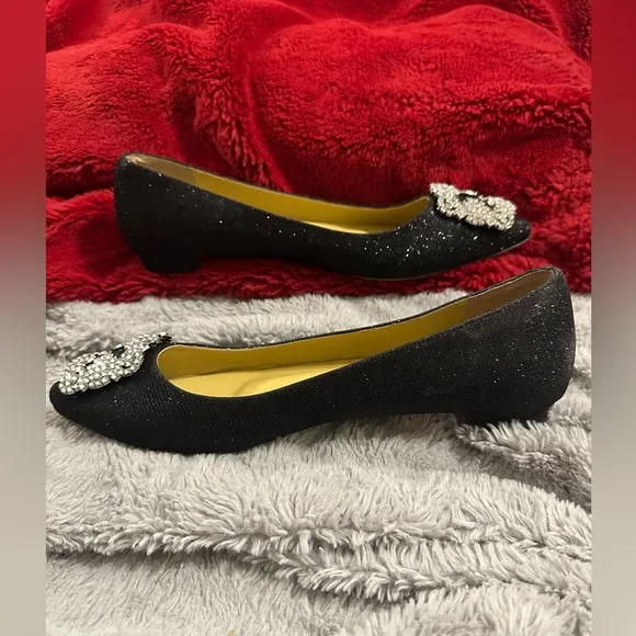 Manolo Blahnik Hangisi Flats Size 42 Black Glitter Jewels Ballet Italy
