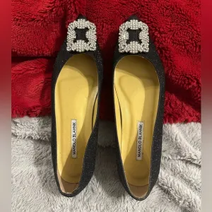 Manolo Blahnik Hangisi Flats Size 42 Black Glitter Jewels Ballet Italy