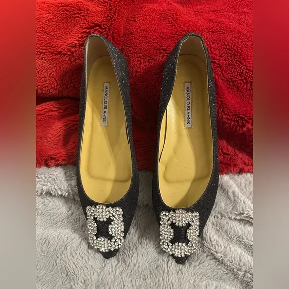 Manolo Blahnik Hangisi Flats Size 42 Black Glitter Jewels Ballet Italy