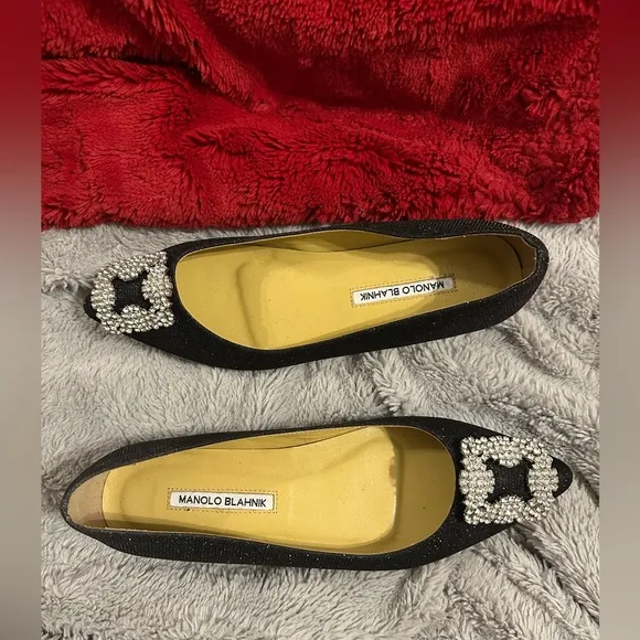Manolo Blahnik Hangisi Flats Size 42 Black Glitter Jewels Ballet Italy