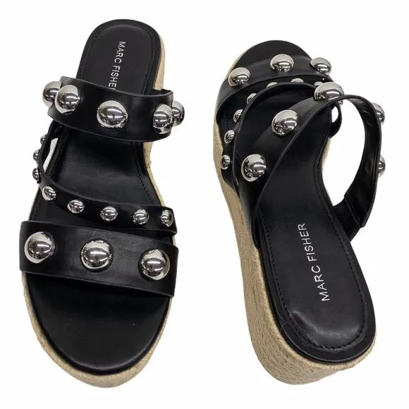 Marc Fisher Embellished Platform Espadrilles Black Multi Strap Jalyn Wedges 10
