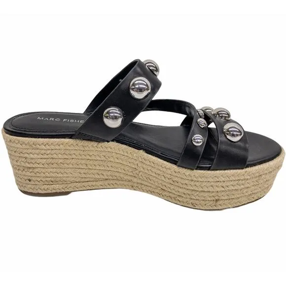 Marc Fisher Embellished Platform Espadrilles Black Multi Strap Jalyn Wedges 10