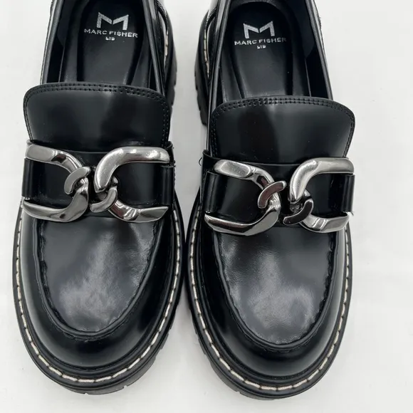 Marc Fisher LTD Women’s Leather Trica Round Toe Chain Platform Loafers Size 6M