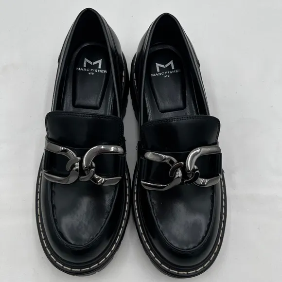 Marc Fisher LTD Women’s Leather Trica Round Toe Chain Platform Loafers Size 6M
