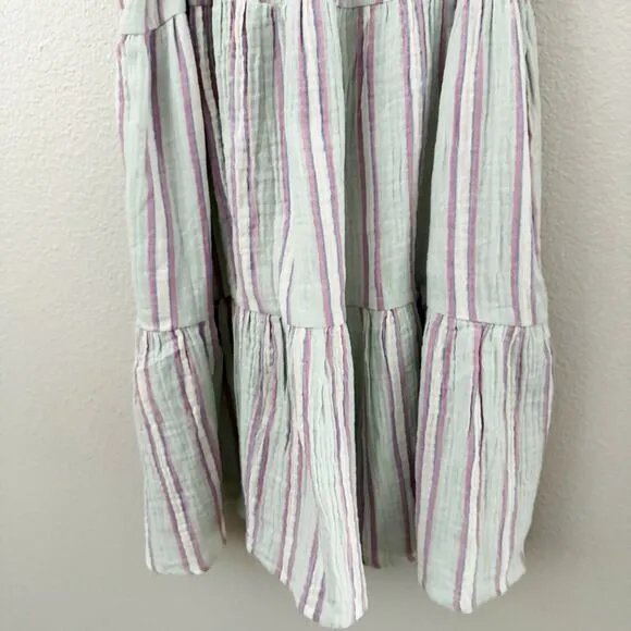 MARINE LAYER | Mint Pink White Leila Stripe Double Cloth Tiered Minidress | XS