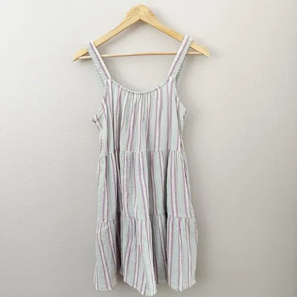 MARINE LAYER | Mint Pink White Leila Stripe Double Cloth Tiered Minidress | XS