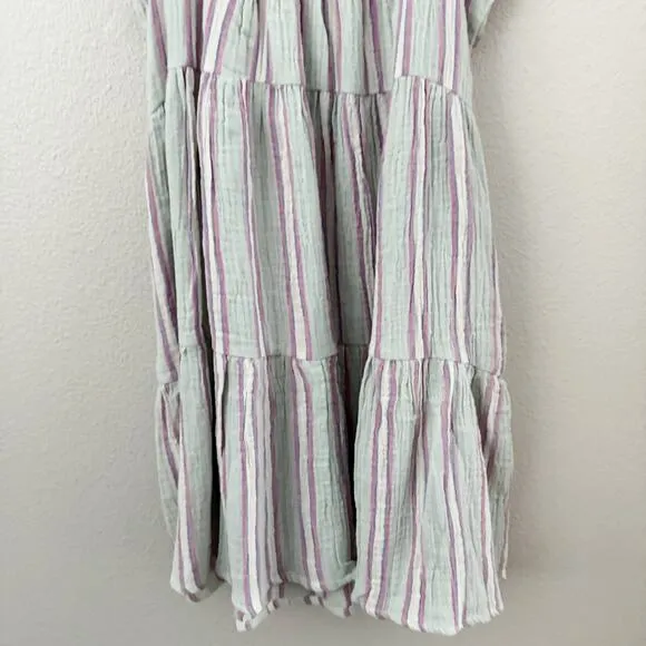 MARINE LAYER | Mint Pink White Leila Stripe Double Cloth Tiered Minidress | XS