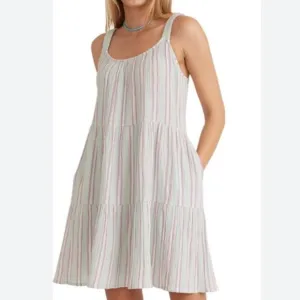 MARINE LAYER | Mint Pink White Leila Stripe Double Cloth Tiered Minidress | XS