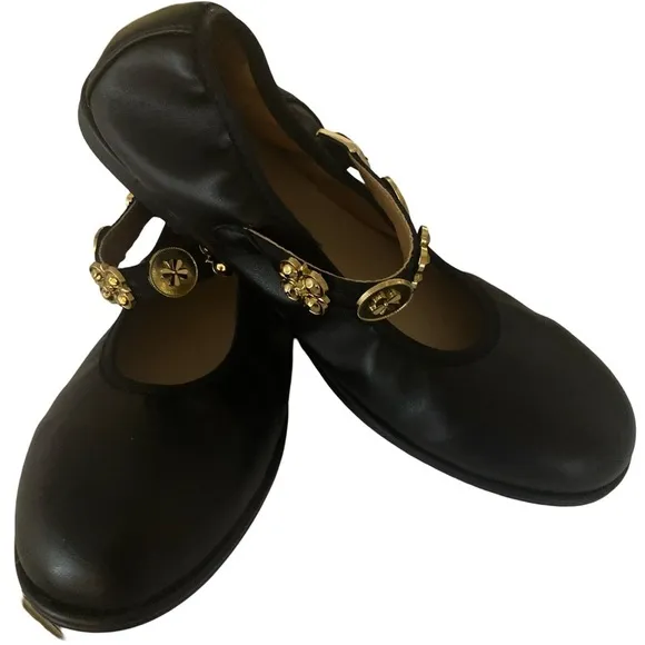Mary Jane Round Toe Ballet Flats -9 black  leather , jeweled buckle , NWOT