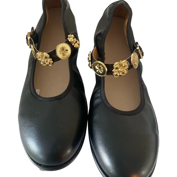 Mary Jane Round Toe Ballet Flats -9 black  leather , jeweled buckle , NWOT