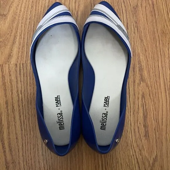 Melissa x Karl lagerfeld blue zipper rubber pointed toe flats size US 6