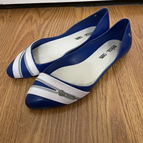 Melissa x Karl lagerfeld blue zipper rubber pointed toe flats size US 6