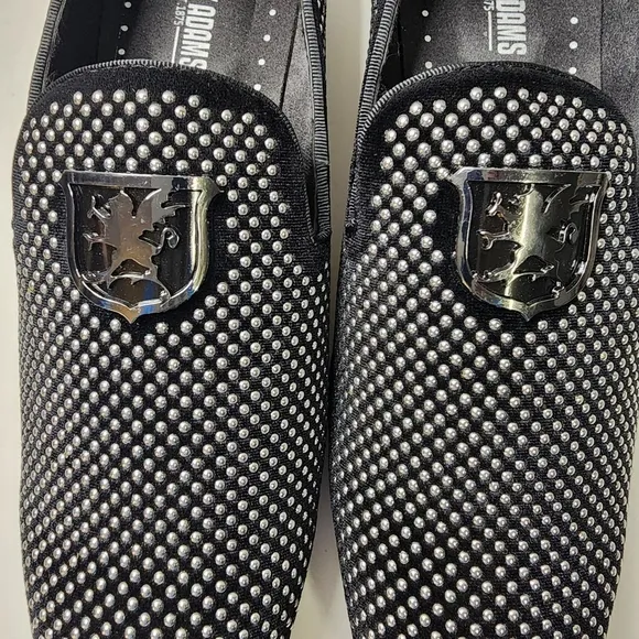Mens Black Silver Studded Stacy Adams Swagger Slip-On Loafers Memory Foam Bed