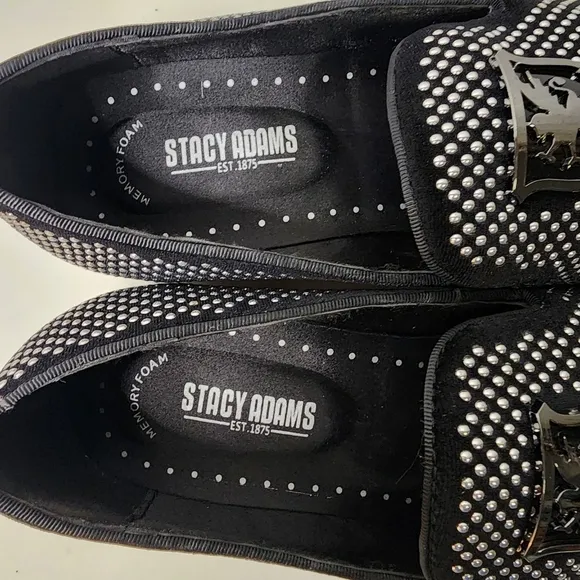 Mens Black Silver Studded Stacy Adams Swagger Slip-On Loafers Memory Foam Bed