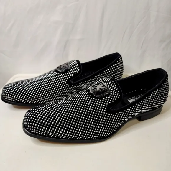Mens Black Silver Studded Stacy Adams Swagger Slip-On Loafers Memory Foam Bed