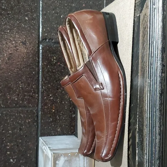 MENS DRESSY STACY ADAMS BROWN LEATHER SLIP ON SQUARE TOE LOAFERS SIZE 10