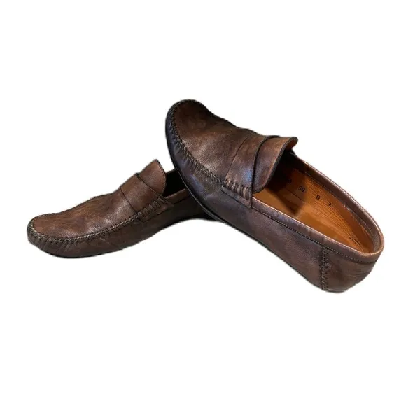 Men's Santoni Slip On Penny Loafers Dress Shoes Sz 7 D Womens 8.5 Brown Leather