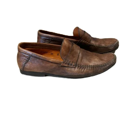 Men's Santoni Slip On Penny Loafers Dress Shoes Sz 7 D Womens 8.5 Brown Leather