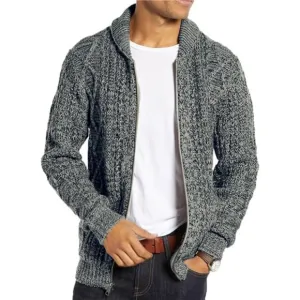 Men's Shawl Neck Cardigan Sweater Cable Knit Zip Up Closure with Pockets Jacket