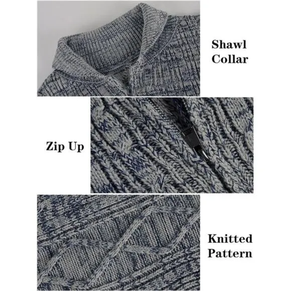 Men's Shawl Neck Cardigan Sweater Cable Knit Zip Up Closure with Pockets Jacket