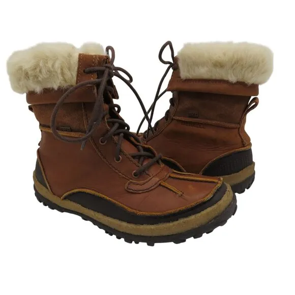 MERRELL Women's Brown Leather Tremblant Mid Polar Waterproof Boots 6 Faux Fur